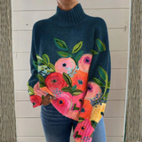 Rose - Pull à col roulé bleu marine à motif floral