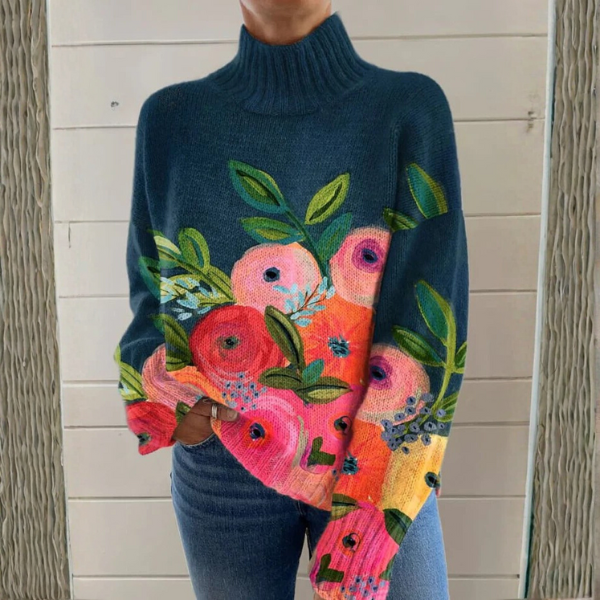 Rose - Pull à col roulé bleu marine à motif floral