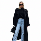 Milan Manteau Noir Femme – Revers Larges Élégants, Ceinture Ajustable & Style Urbain