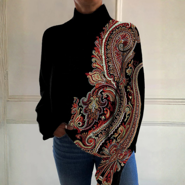 Patricia - Pull à col roulé noir à motif paisley