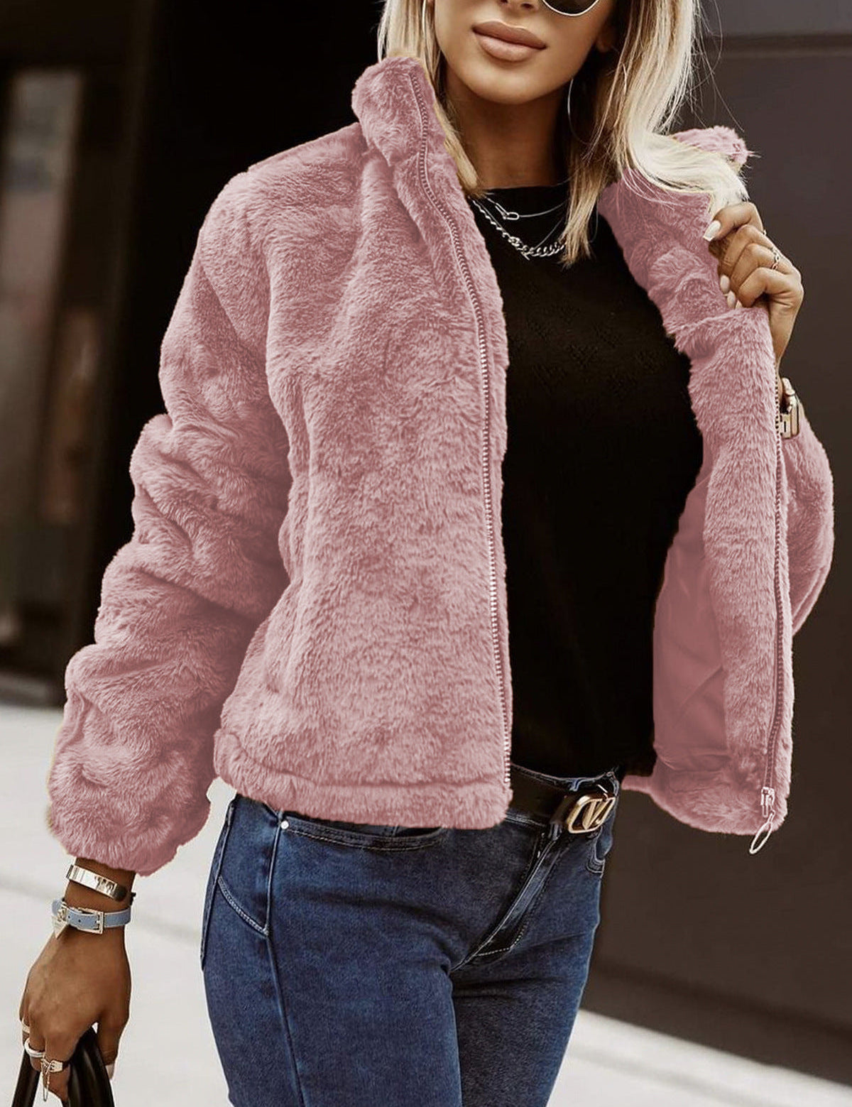 Marnie Manteau Femme Plush Marron – Veste Douce à Col Montant Coupe Décontractée