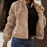 Marnie Manteau Femme Plush Marron – Veste Douce à Col Montant Coupe Décontractée