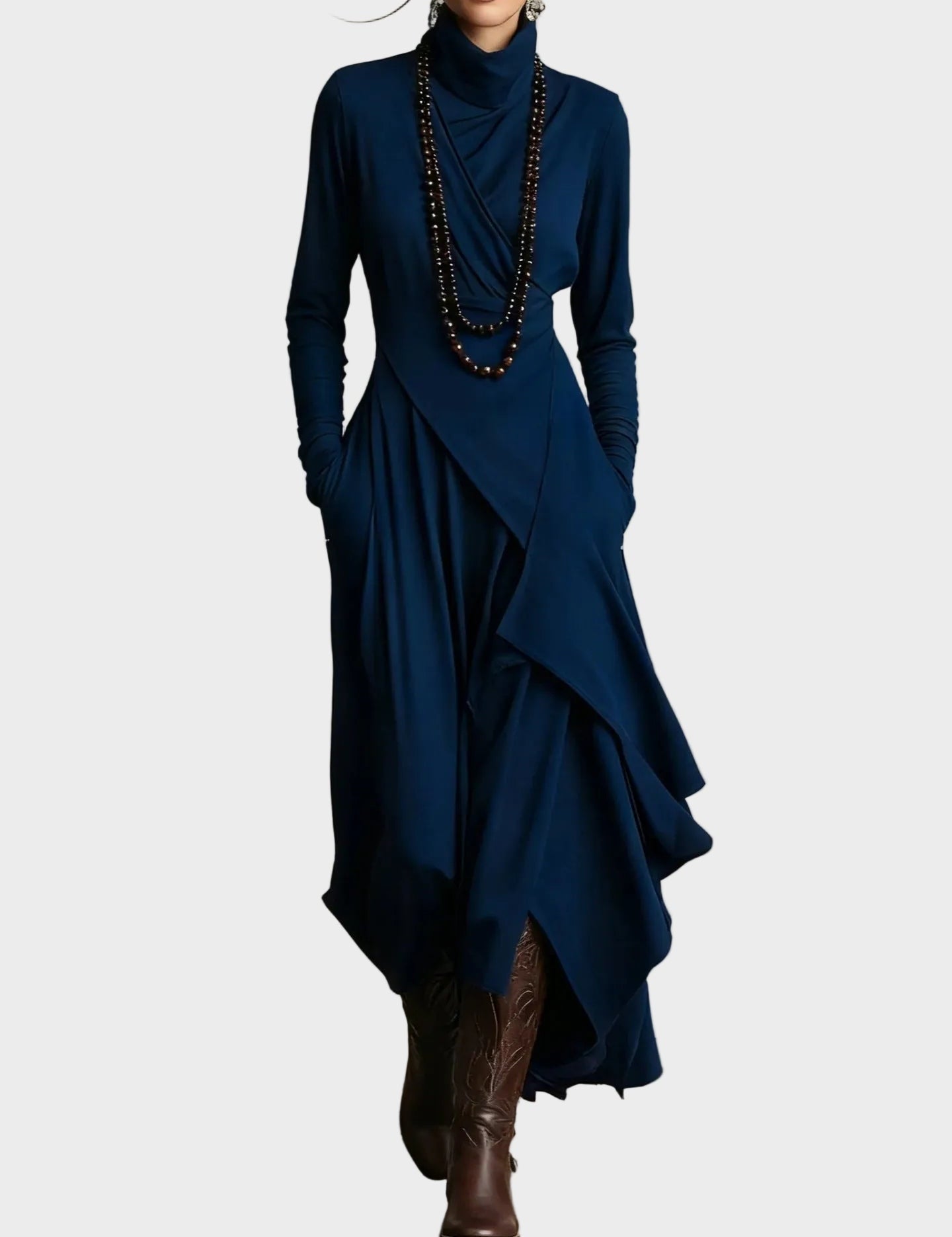 Teresa : robe maxi asymétrique en maille à col roulé, gros plan