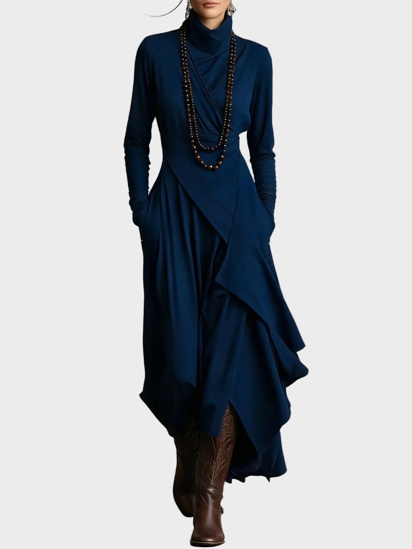 Teresa : robe maxi asymétrique en maille à col roulé, gros plan