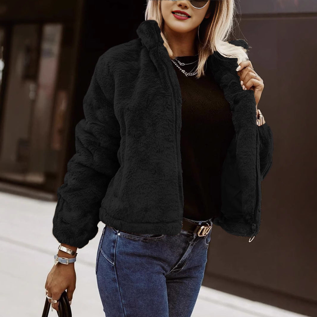 Marnie Manteau Femme Plush Marron – Veste Douce à Col Montant Coupe Décontractée