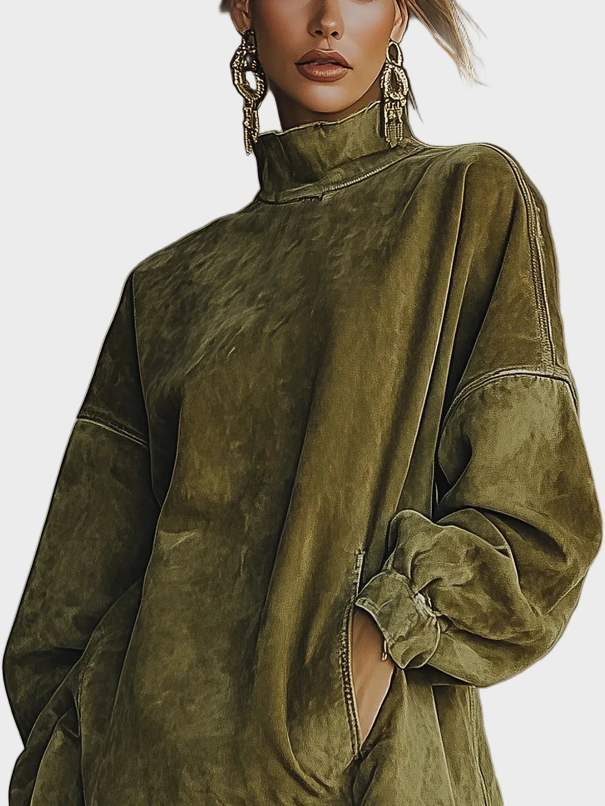 Jacinthe : robe en suédine avec col roulé et franges, gros plan