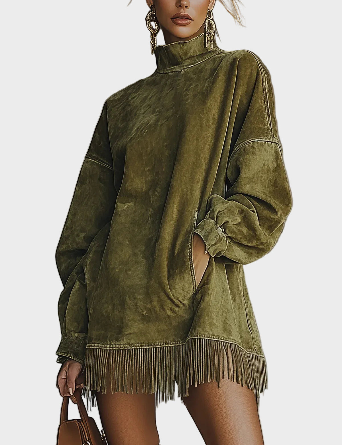 Jacinthe - robe en suédine avec col roulé et franges | AMORA MODE