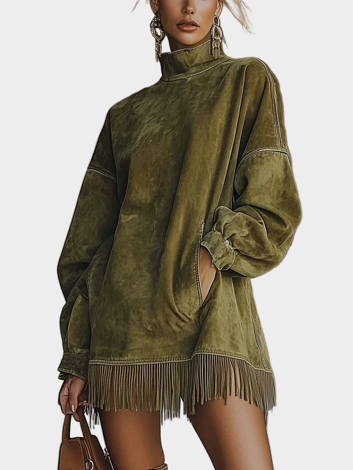 Jacinthe - robe en suédine avec col roulé et franges | AMORA MODE