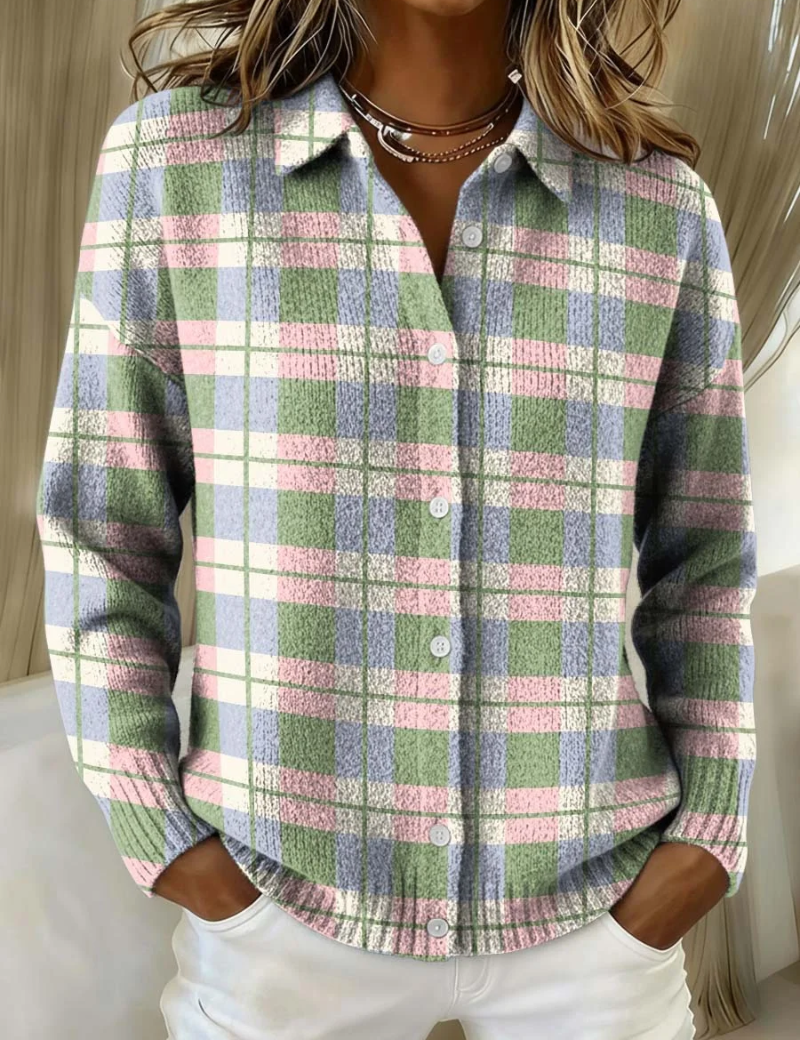 Margot - gilet en tricot à carreaux pastel avec boutons | AMORA MODE