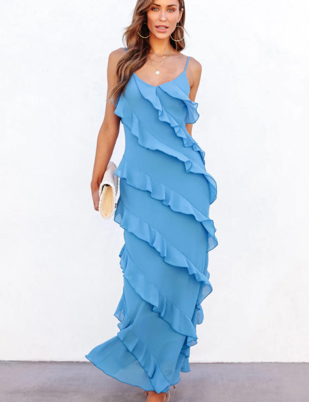 Robe Longue Femme Ashtine – Robe d’Été Légère à Volants avec Jupe à Étages & Look de Plage