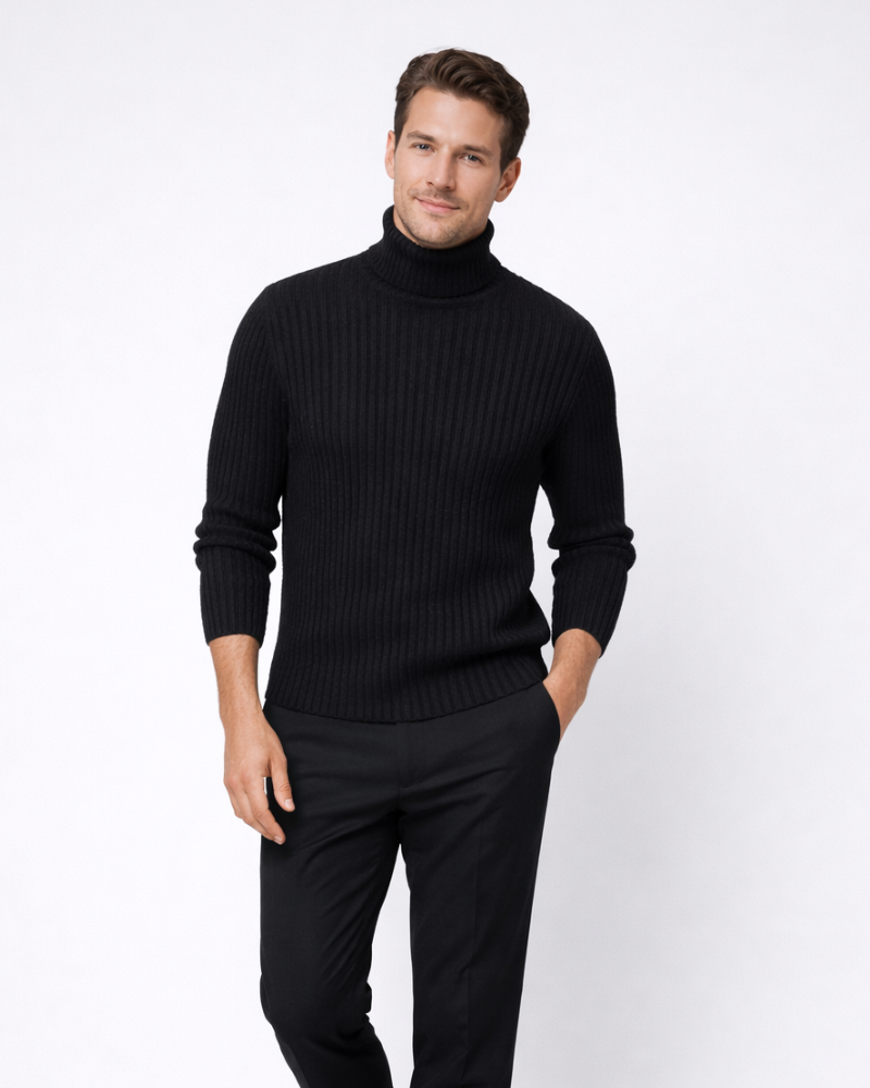 Riche Pull Homme Col Roulé Ajusté – Maille Fine Laine Mélangée, Style Élégant Minimaliste