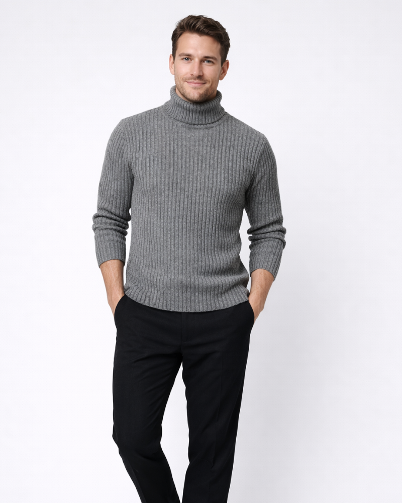 Riche Pull Homme Col Roulé Ajusté – Maille Fine Laine Mélangée, Style Élégant Minimaliste