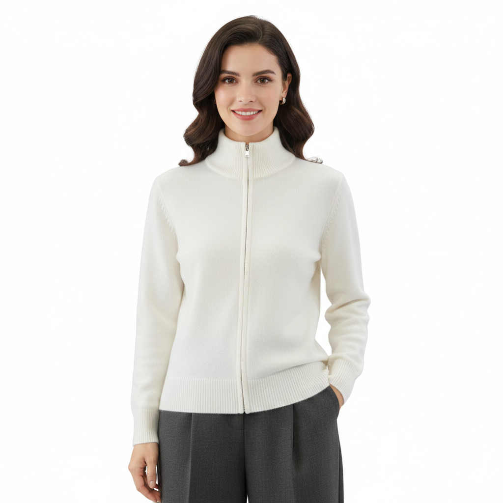 Raelyn Gilet Femme Zippé Élégant – Coupe Ample & Finitions Côtelées Automne/Hiver