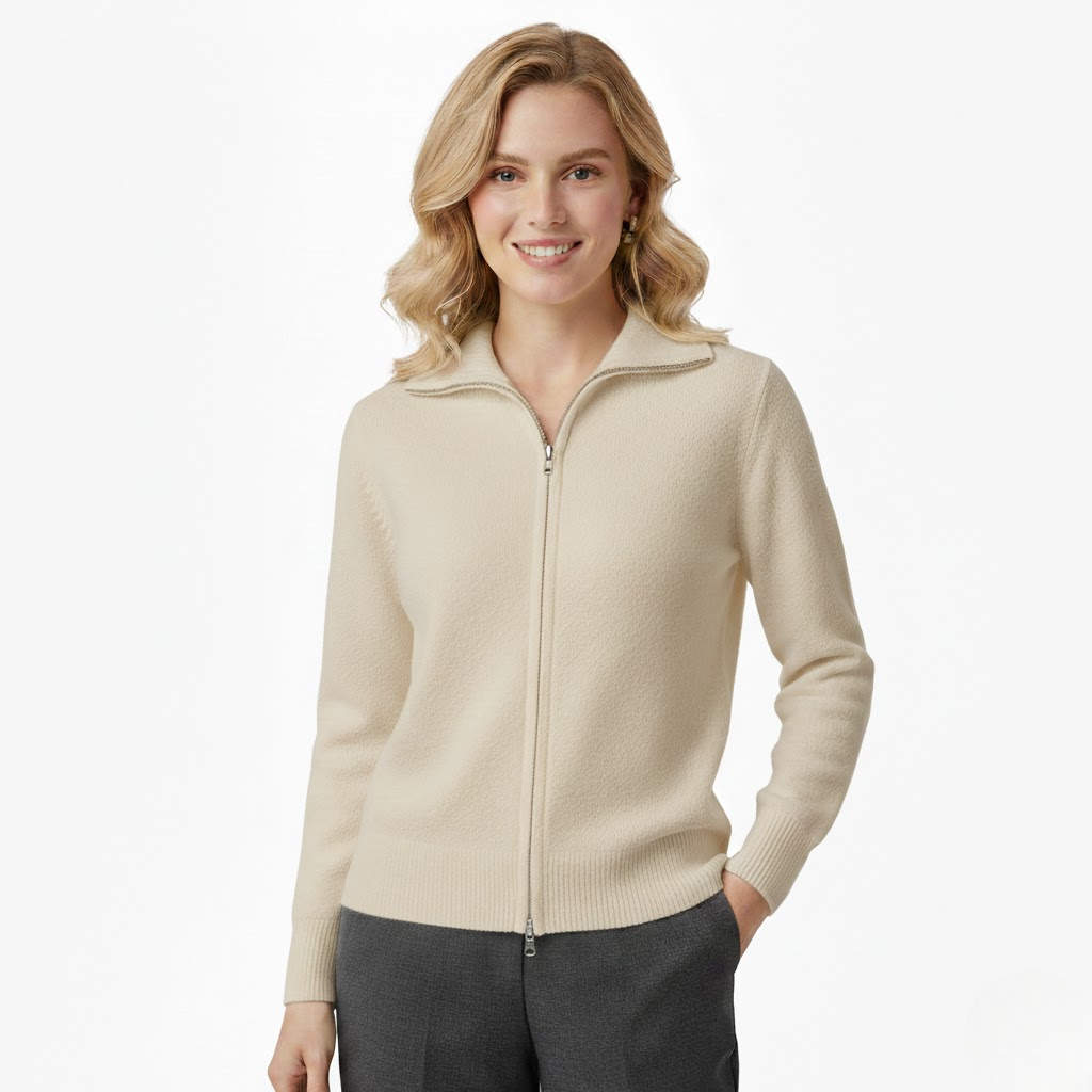 Raelyn Gilet Femme Zippé Élégant – Coupe Ample & Finitions Côtelées Automne/Hiver