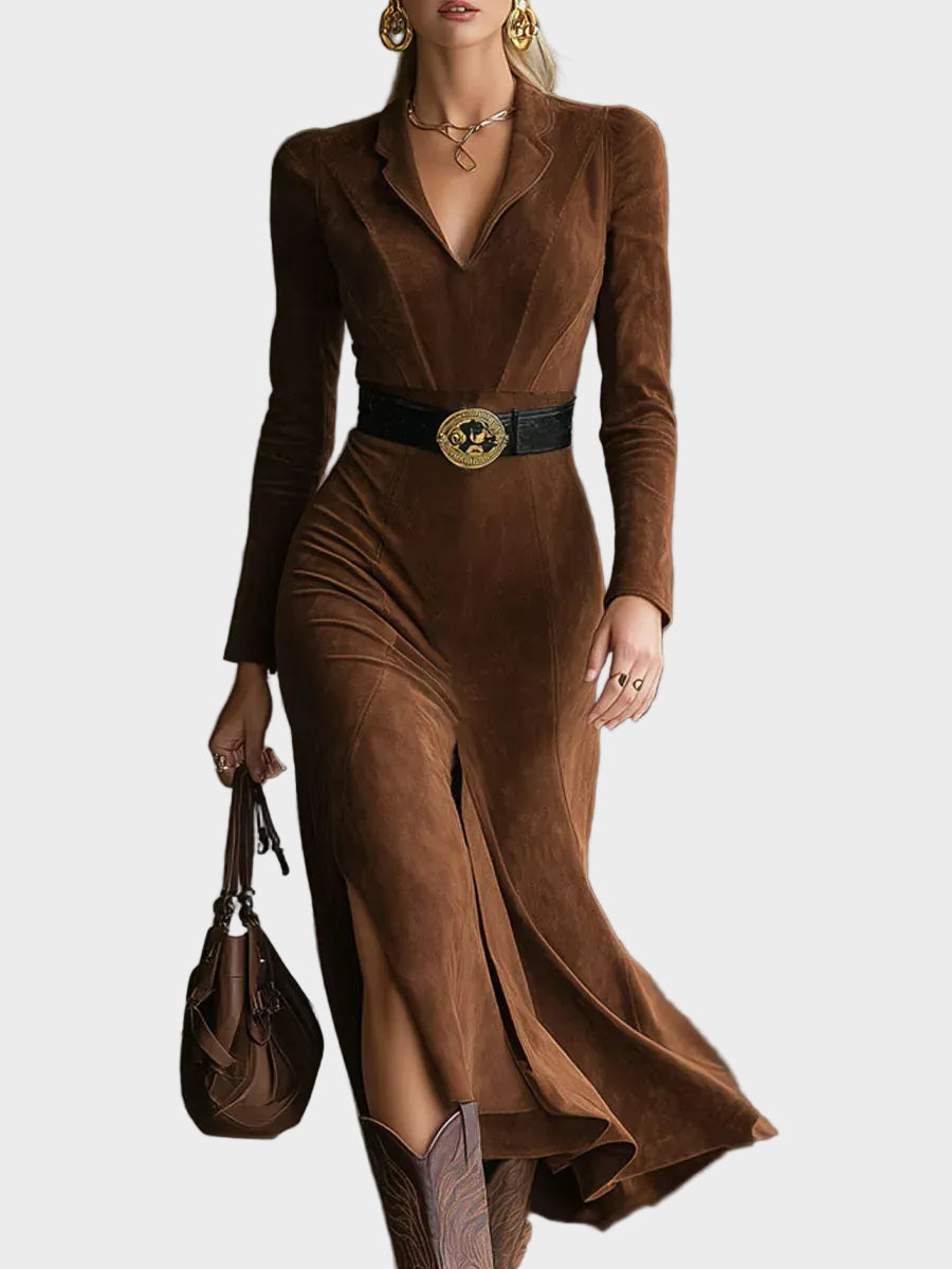 Judith - robe midi façon western en suédine avec col et fente | AMORA MODE