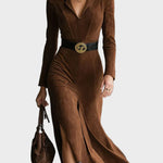 Judith - robe midi façon western en suédine avec col et fente | AMORA MODE