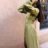 Sadie Robe Maxi Femme – Robe d'Été Kaki en 100% Coton avec Boutons & Détails Plissés Élégants