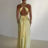 Gina Robe de Soirée Femme – Robe Longue Satinée à Col Halter Élégant et Sans Manches