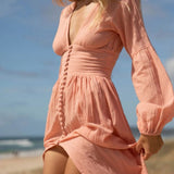 Sadie Robe Maxi Femme – Robe d'Été Kaki en 100% Coton avec Boutons & Détails Plissés Élégants