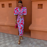 Sophie Robe Midi Imprimée – Manches Bouffantes & Coupe Cintrée Élégante