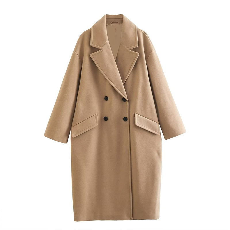 Sofia Manteau Femme Long en Laine – Manteau Élégant à Double Boutonnage & Col Classique