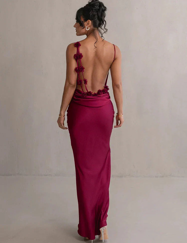 Marie Robe de Soirée Femme - Satin Longue, Col Drapeau, Bretelles Spaghetti - Robe Élégante et Ajustée pour Événements Formels