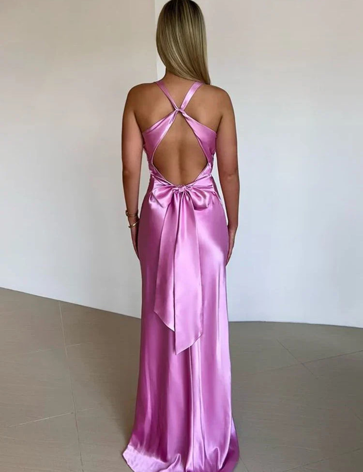 Gina Robe de Soirée Femme – Robe Longue Satinée à Col Halter Élégant et Sans Manches