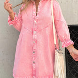 Namy Robe en Jean Femme – Robe Chemise avec Col, Manches 3/4 et Coupe Évasée