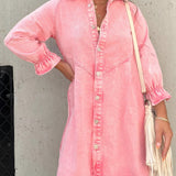 Namy Robe en Jean Femme – Robe Chemise avec Col, Manches 3/4 et Coupe Évasée