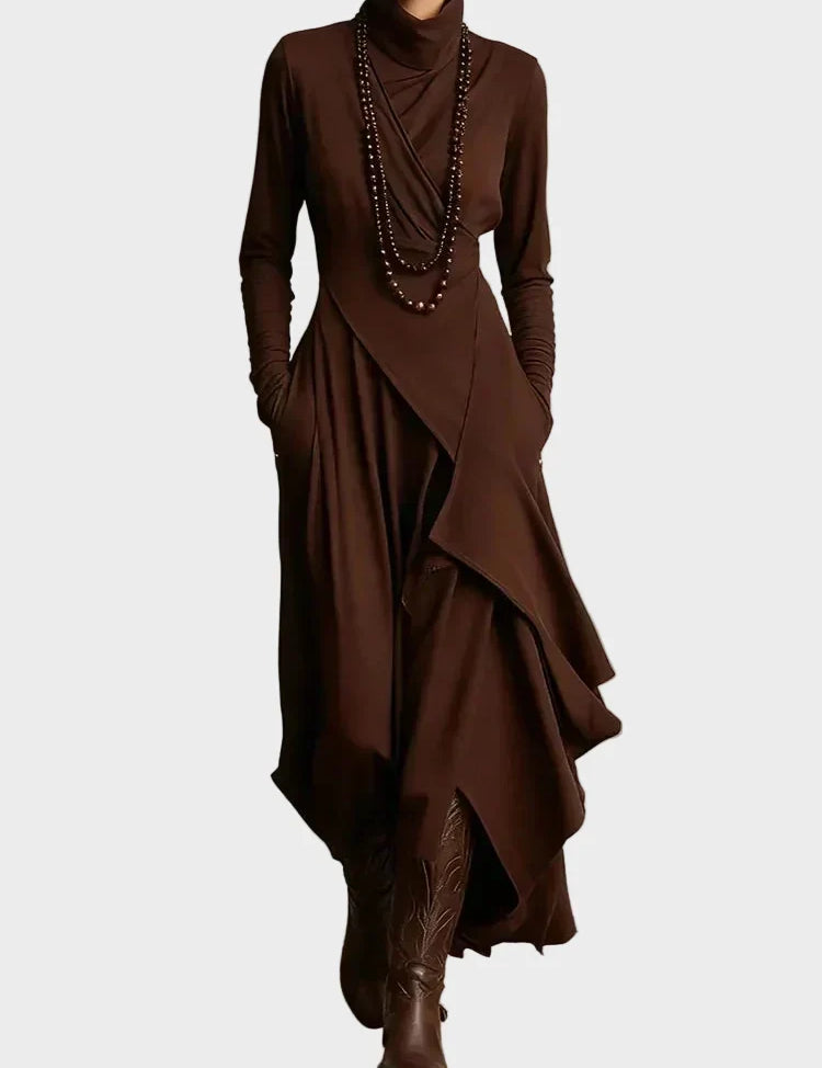 Teresa - robe maxi asymétrique en maille à col roulé, détail de la finition