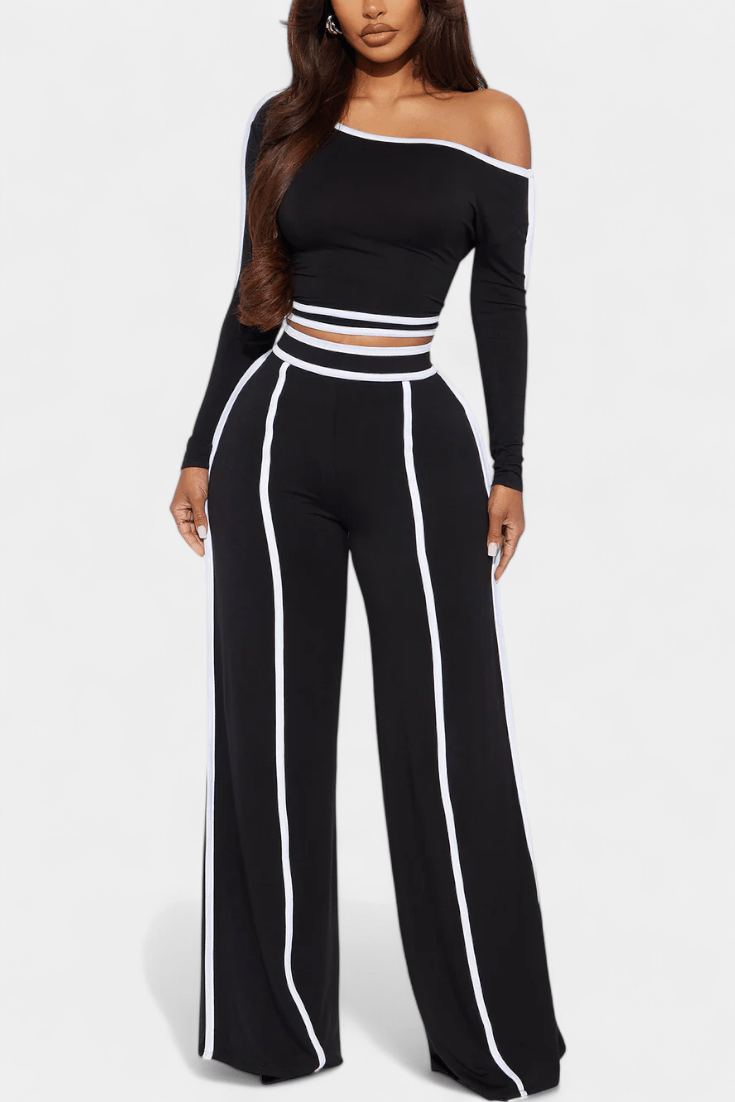 Eugénie - Ensemble haut à rayures contrastées & pantalon large
