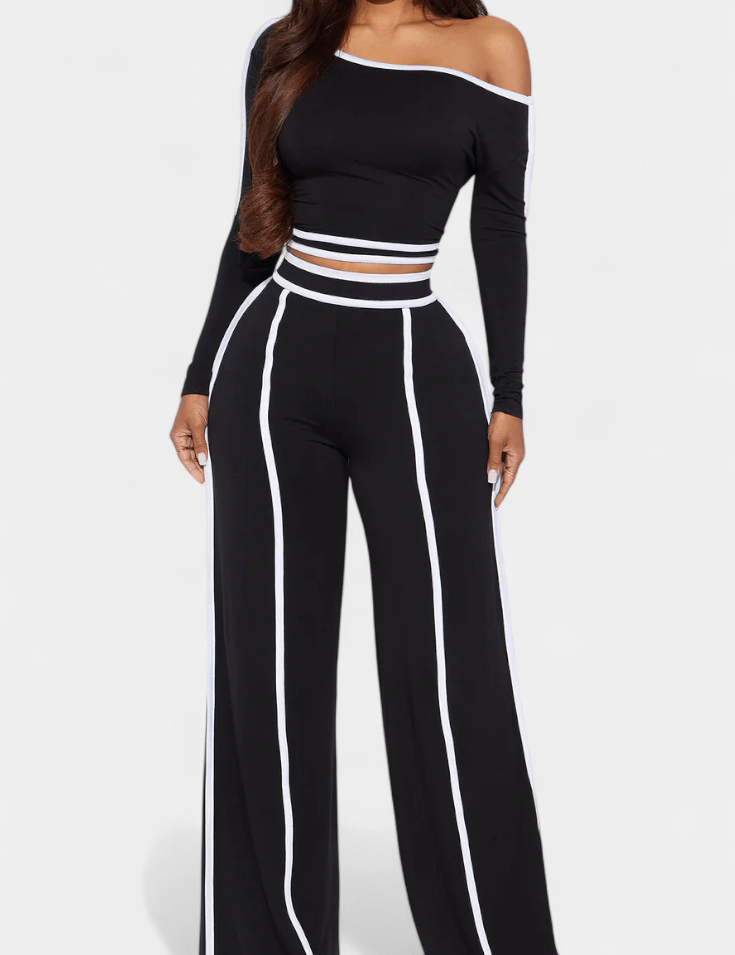 Eugénie - Ensemble haut à rayures contrastées & pantalon large