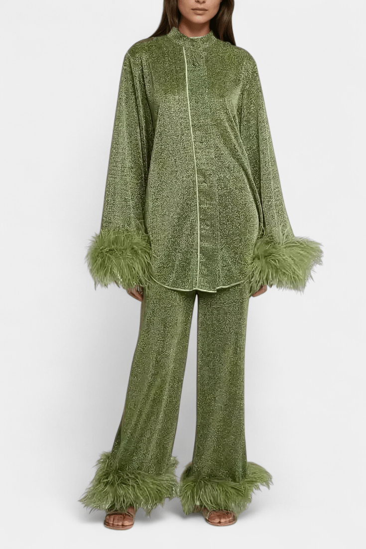 Maurine - Ensemble haut à manches longues & pantalon à plumes