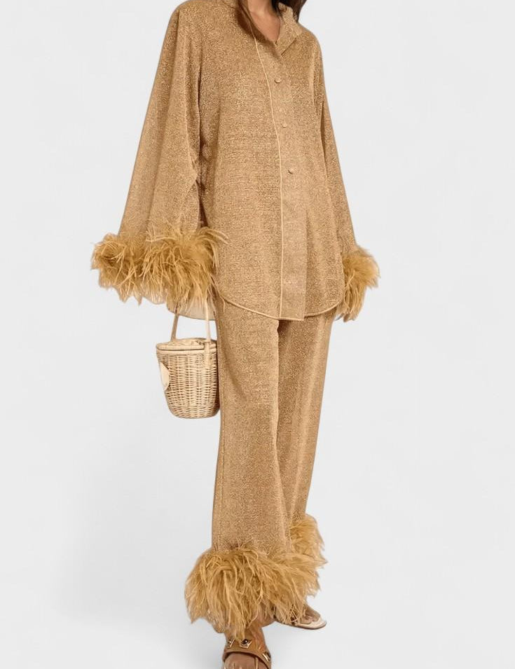 Maurine - Ensemble haut à manches longues & pantalon à plumes