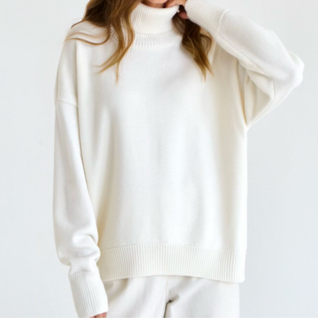 Camille Pull Femme Col Roulé Oversize – Pull Chaud en Laine Mélangée avec Finitions Côtelées