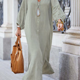 Robe Femme Veanna – Élégante Robe à Manches Longues avec Col en V & Boutonnage