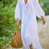 Robe Femme Veanna – Élégante Robe à Manches Longues avec Col en V & Boutonnage