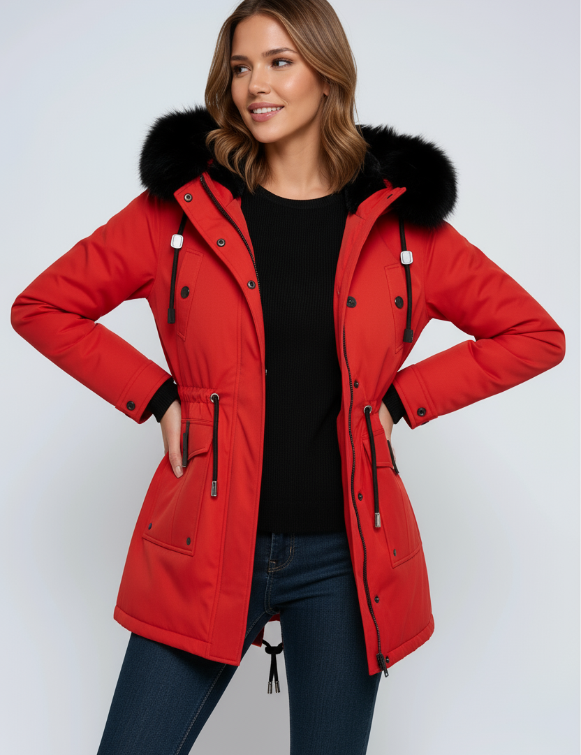 Leonor Parka Femme d’Hiver – Capuche avec Col en Fausse Fourrure & Taille Ajustable