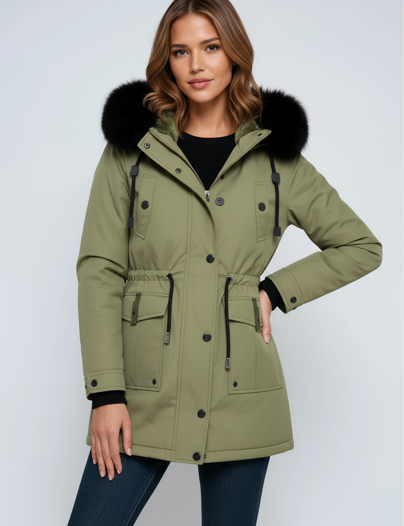 Leonor Parka Femme d’Hiver – Capuche avec Col en Fausse Fourrure & Taille Ajustable