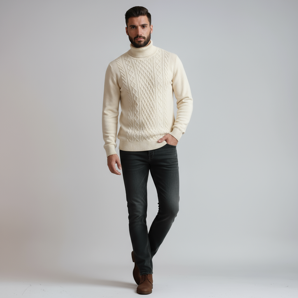 Timmy Pull Homme Col Roulé en Maille Câblée – Pull Classique Chaud et Élégant
