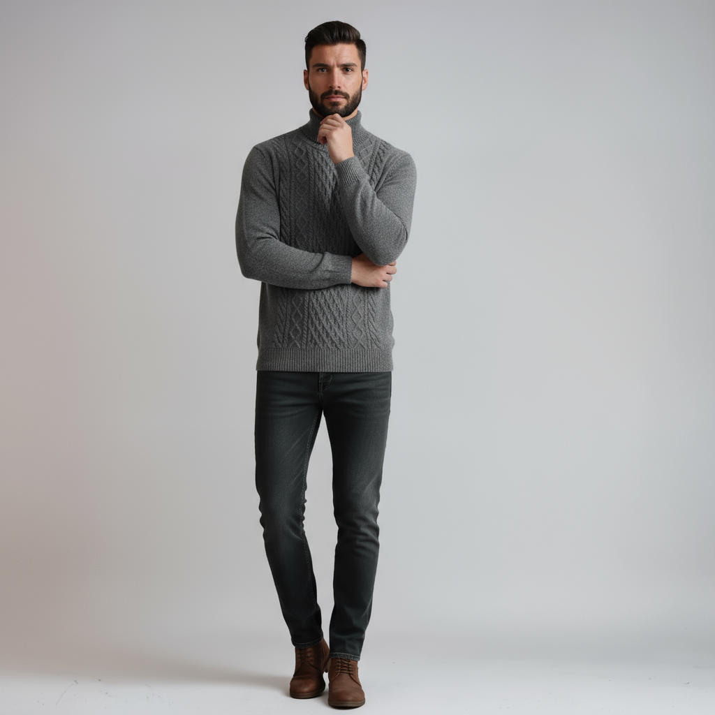 Timmy Pull Homme Col Roulé en Maille Câblée – Pull Classique Chaud et Élégant