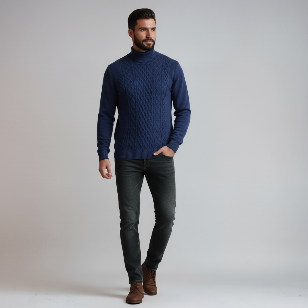 Timmy Pull Homme Col Roulé en Maille Câblée – Pull Classique Chaud et Élégant