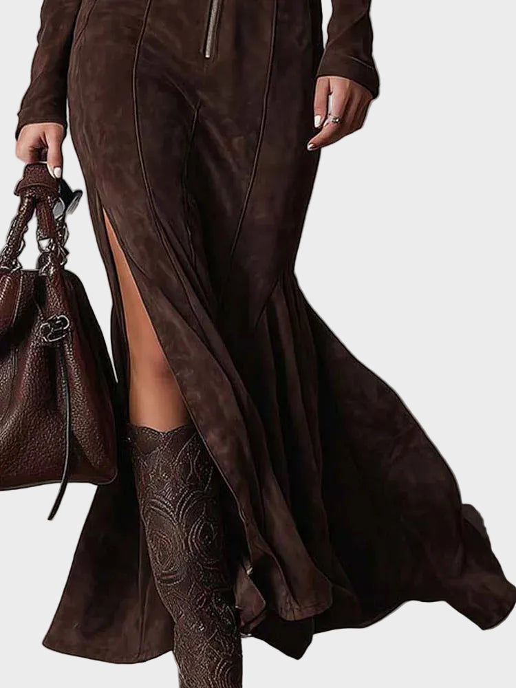 Adrianna - robe maxi en suédine marron avec ceinture et fermeture éclair, détail de la finition
