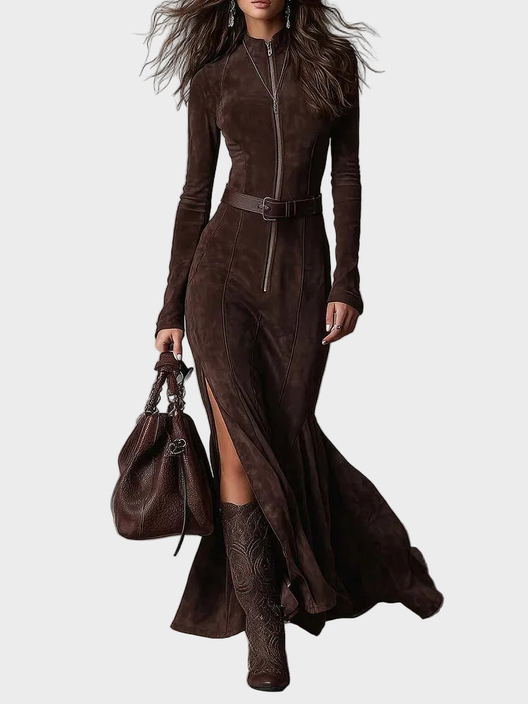 Adrianna - robe maxi en suédine marron avec ceinture et fermeture éclair | AMORA MODE