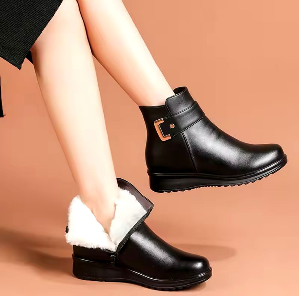 Mila Bottines Femme en Cuir – Doublure Fausse Fourrure Chaude & Fermeture Zippée