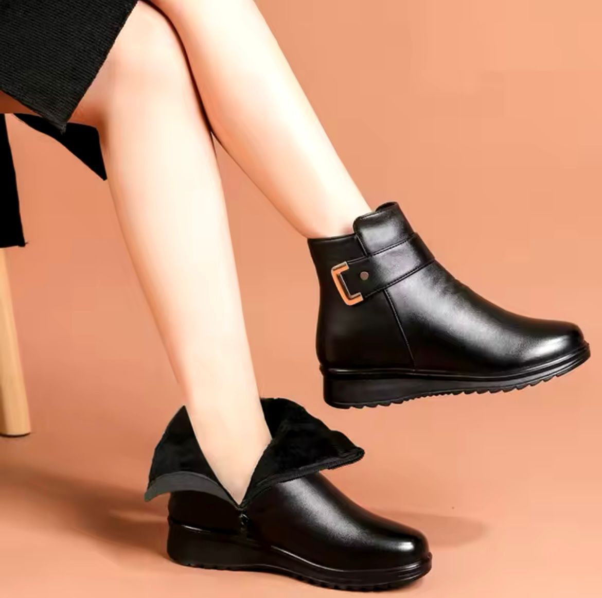 Mila Bottines Femme en Cuir – Doublure Fausse Fourrure Chaude & Fermeture Zippée