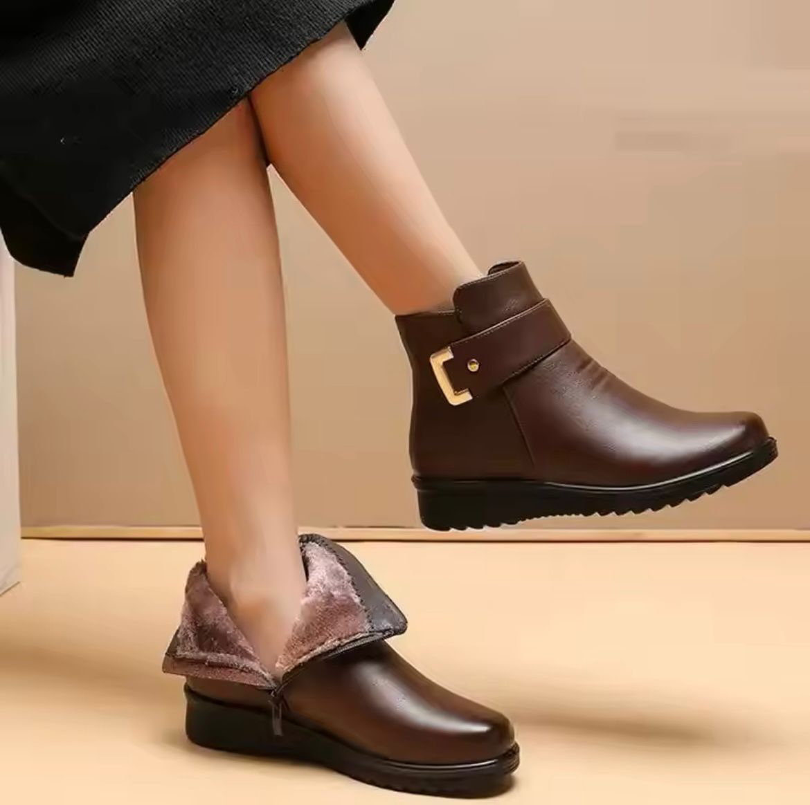 Mila Bottines Femme en Cuir – Doublure Fausse Fourrure Chaude & Fermeture Zippée