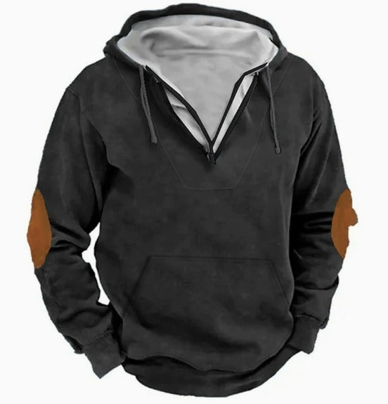 Rowan Hoodie Homme Casual – Sweat à Col V avec Coudières en Suédine et Capuche Doublée