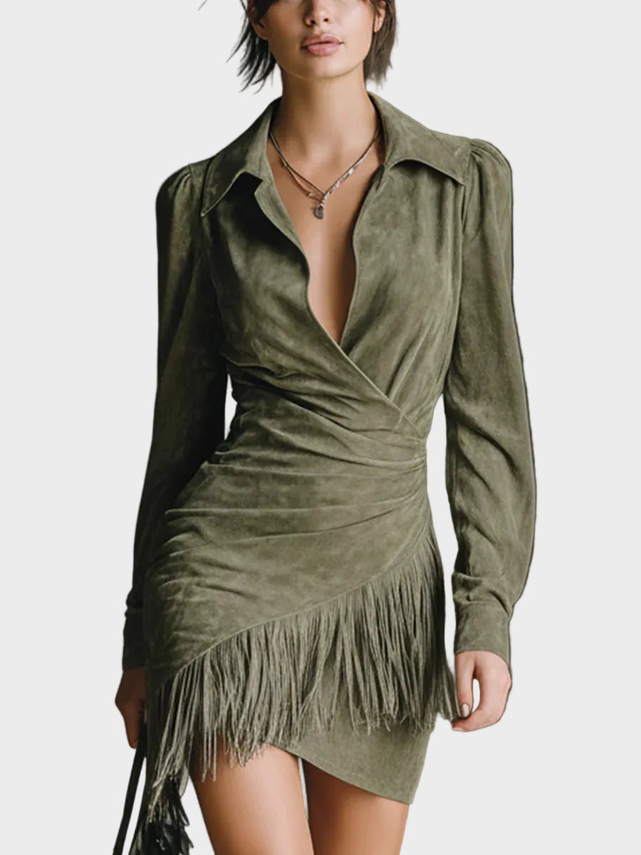 Carole : robe mini verte en viscose à décolleté cache-cœur, vue détaillée