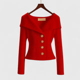 Arvery Pull Femme Off-Shoulder – Pull Côtelé Élégant avec Boutons Dorés